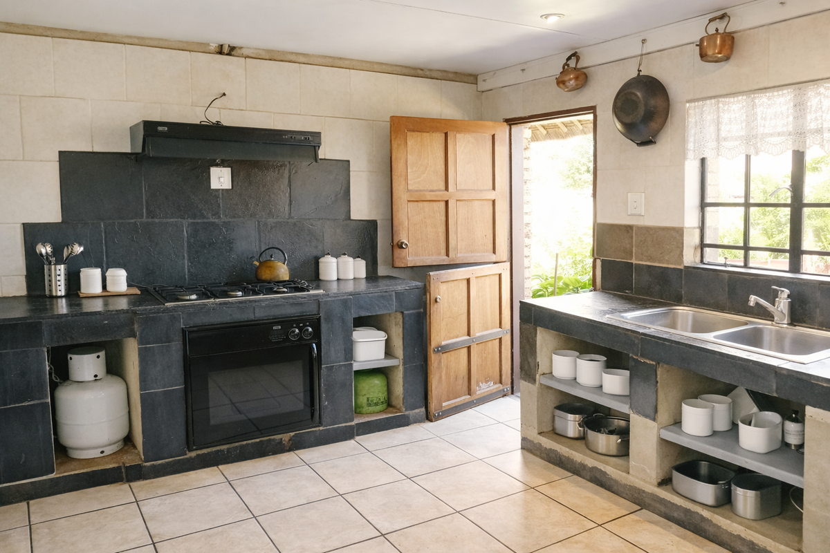 Rustic kitchen featuring built-in tiled cabinetry, integrated gas hob, oven, extractor fan, and double stainless steel sink with direct outdoor access.