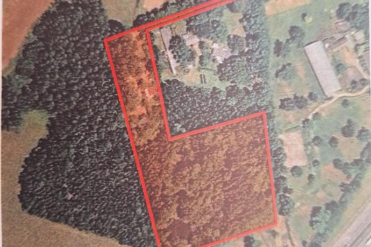 An aerial view of a vacant residential land plot with red boundary lines indicating the property perimeter.