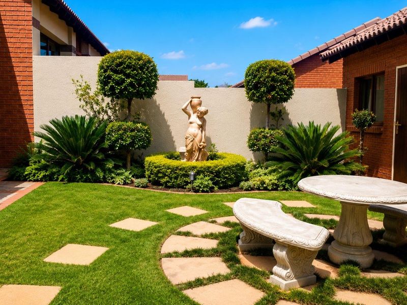 A well-maintained rear garden featuring a manicured lawn, paved circular seating area, and established landscaping enclosed by brick and plastered boundary walls.