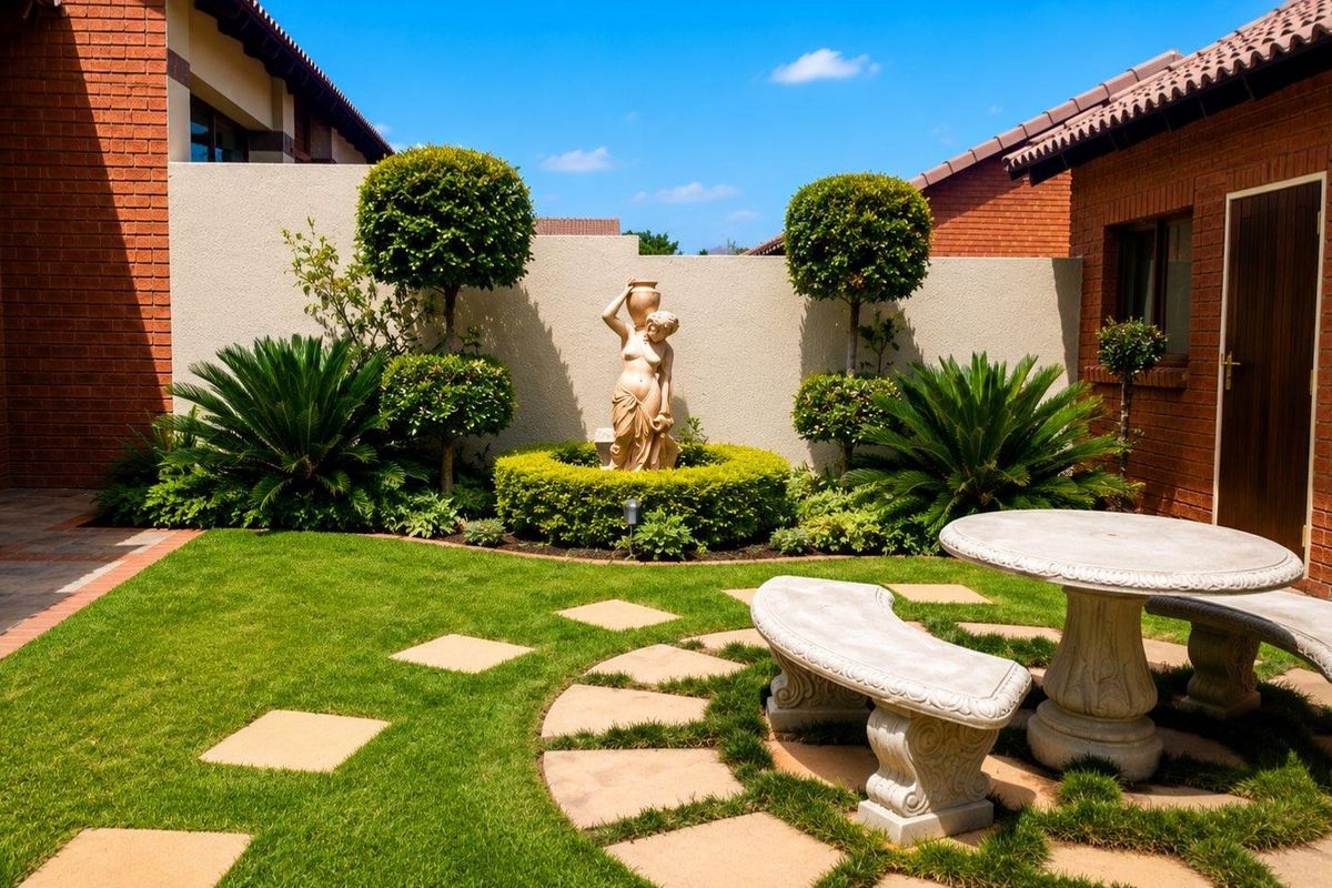 A well-maintained rear garden featuring a manicured lawn, paved circular seating area, and established landscaping enclosed by brick and plastered boundary walls.