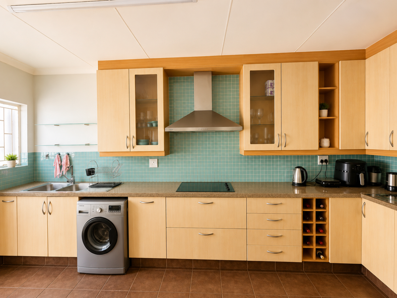 A functional kitchen featuring light-wood cabinetry, a stainless steel extractor fan, a turquoise mosaic tile backsplash, and integrated laundry facilities.