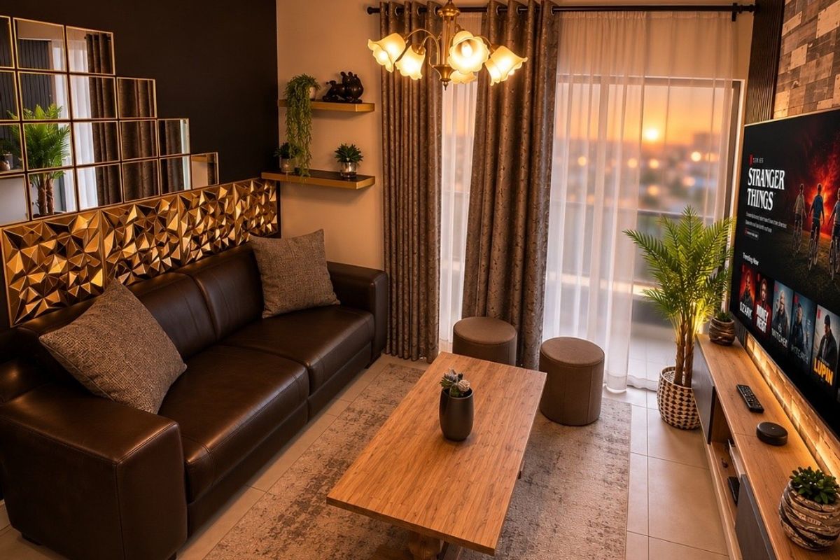 A well-appointed living room featuring a slatted ceiling, decorative wall paneling, and large sliding glass doors leading to a balcony with sunset views.
