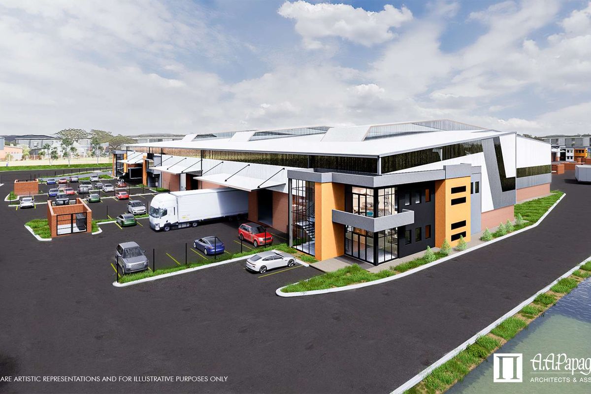 Architectural rendering of a modern industrial warehouse facility featuring large loading bays, expansive parking areas, and contemporary office facade design.
