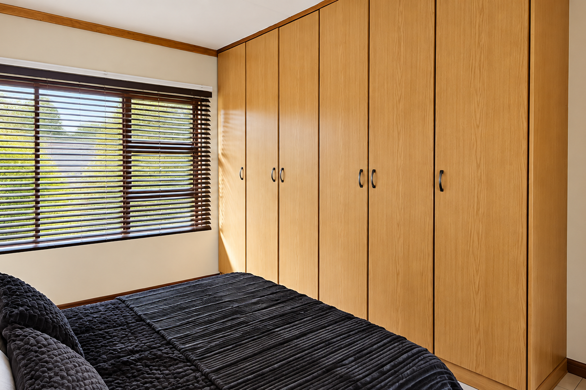 A well-maintained bedroom featuring extensive built-in wooden cabinetry and venetian blinds, providing ample storage and natural light control.