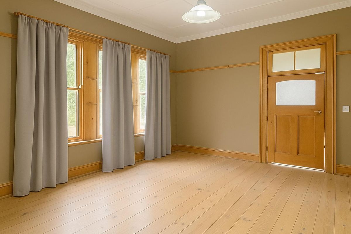 A bright, empty bedroom featuring polished timber flooring, natural wood window frames, and a classic timber door with a transom window.