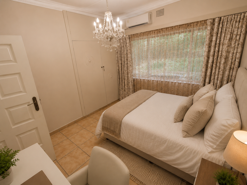 A well-maintained bedroom featuring tiled flooring, built-in cupboards, a split-system air conditioner, and elegant crown molding with a central chandelier.