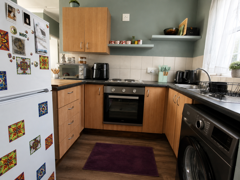 A functional kitchen featuring wood-finish cabinetry, dark laminate countertops, a built-in oven and hob, and a tiled backsplash with integrated shelving.