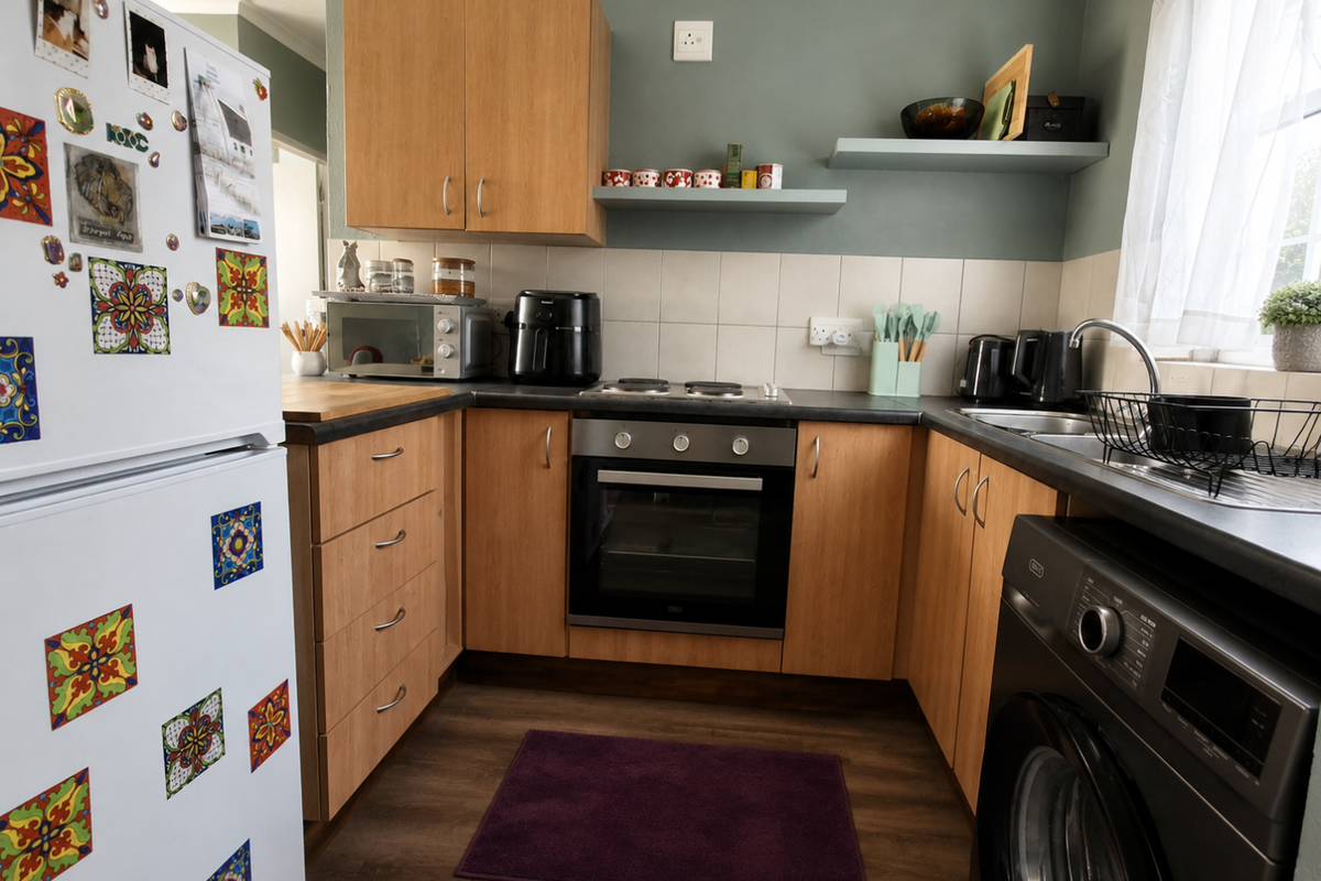 A functional kitchen featuring wood-finish cabinetry, dark laminate countertops, a built-in oven and hob, and a tiled backsplash with integrated shelving.
