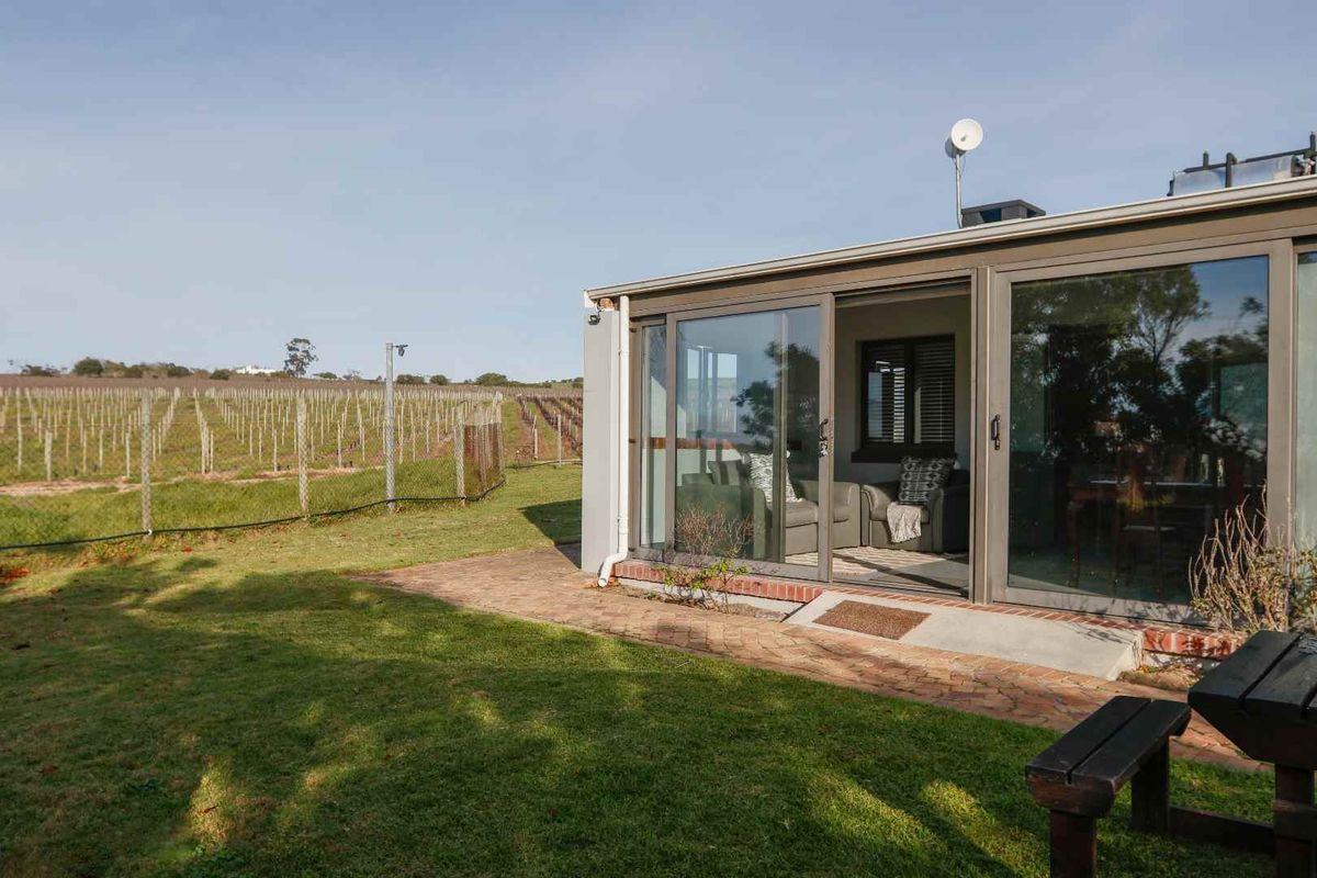 Rear view of the cottage featuring a brick paved patio and large sliding glass doors overlooking the adjacent vineyard.