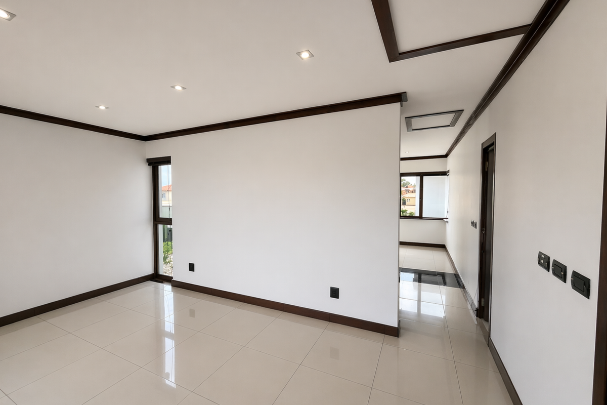 A bright, empty living area featuring polished porcelain floor tiles, recessed downlighting, and dark wood trim detailing throughout the space.