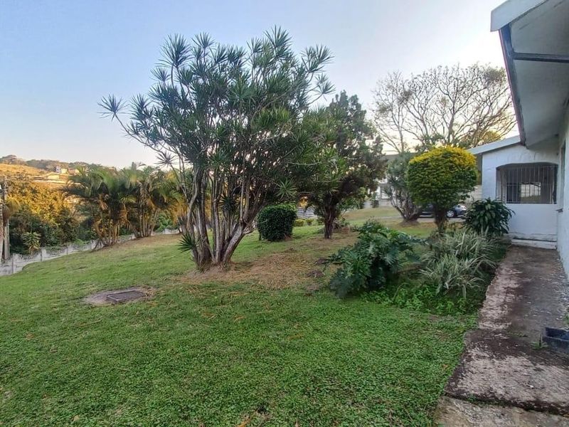 A view of the rear garden area featuring a lawn, mature trees, and a concrete pathway adjacent to the house exterior.