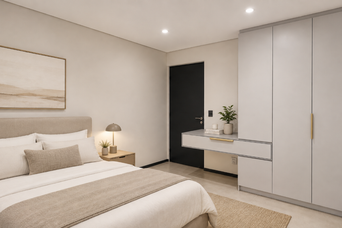 A modern, well-appointed bedroom featuring neutral tones, built-in cabinetry with an integrated vanity, and recessed lighting.