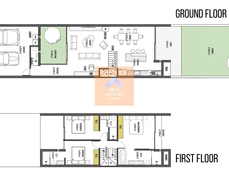 A detailed architectural floor plan showing the ground and first floor layout of the townhouse, including bedrooms, living areas, and outdoor spaces.