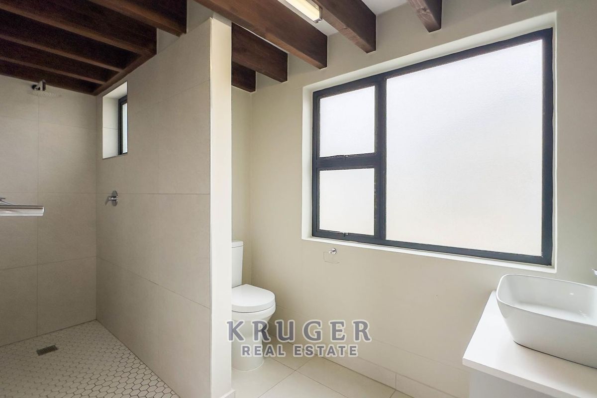 Modern bathroom featuring a walk-in shower, exposed timber ceiling beams, a vessel sink, and a private toilet area with a frosted glass window.