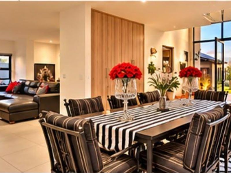 Spacious open-plan living and dining area featuring large format floor tiles, modern recessed lighting, and expansive glass doors opening to the garden.