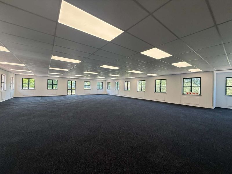 A spacious, open-plan office area featuring a suspended ceiling with recessed lighting, dark carpet tiles, and numerous windows providing ample natural light.