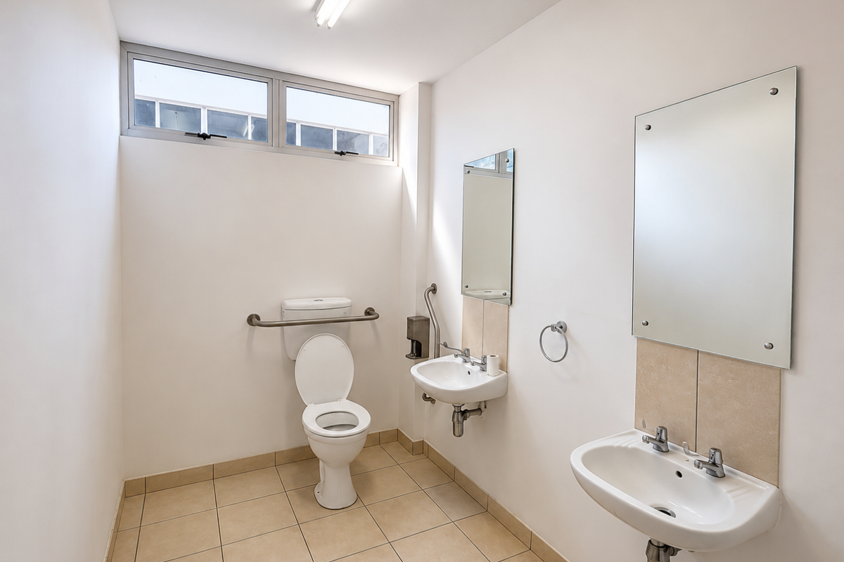 A functional, accessible-style restroom featuring two wall-mounted sinks, a toilet with grab rails, tiled flooring, and high-level windows for natural light.