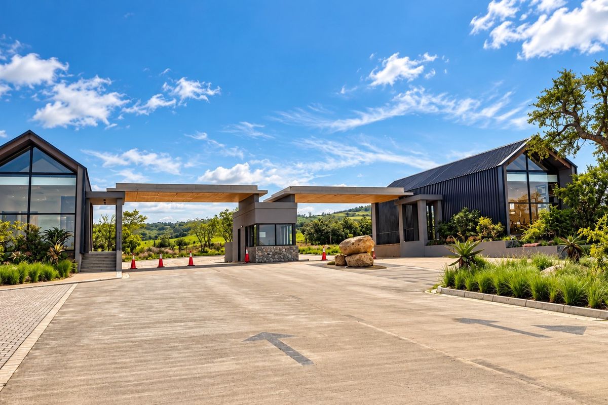 A modern, high-end residential estate entrance featuring a security gatehouse, paved driveway, and contemporary architectural structures set within a landscaped environment.
