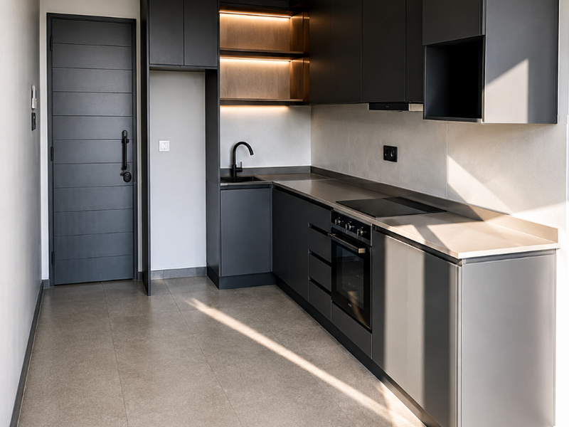 Modern kitchen featuring sleek dark cabinetry, integrated oven, electric hob, stone countertops, and high-quality tiled flooring with recessed lighting.