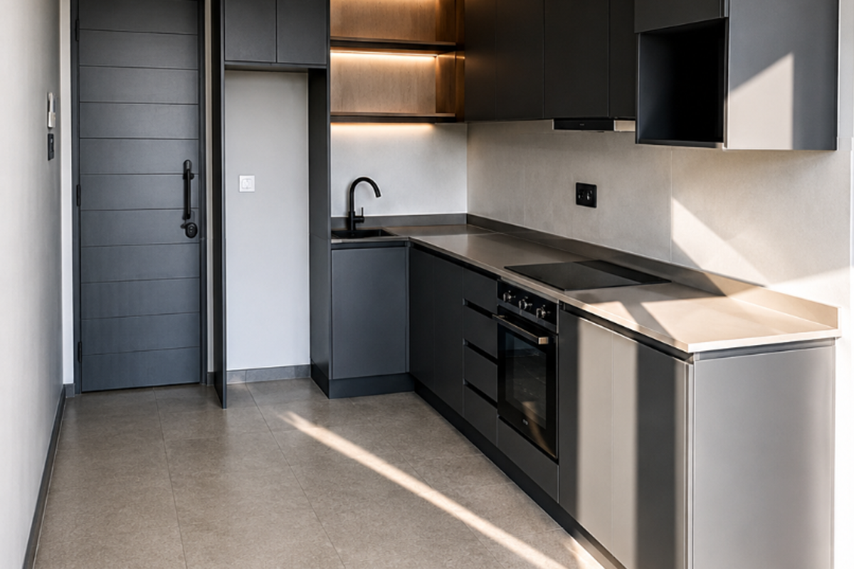 Modern kitchen featuring sleek dark cabinetry, integrated oven, electric hob, stone countertops, and high-quality tiled flooring with recessed lighting.