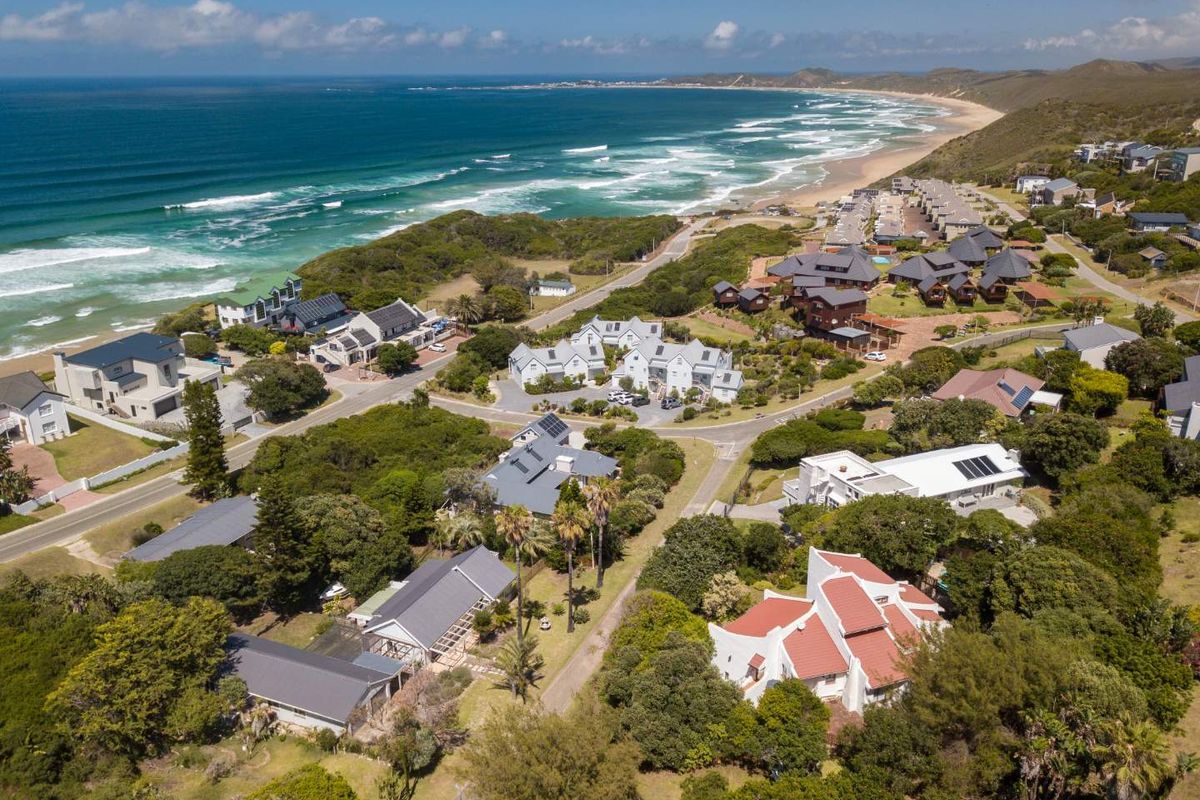 Aerial view of a coastal residential estate featuring multiple homes, lush greenery, and direct proximity to the ocean and beach.