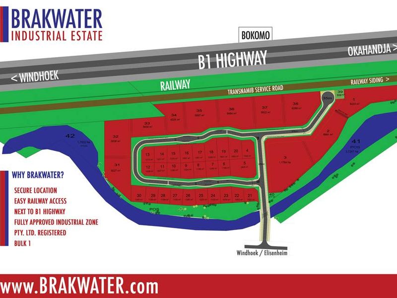 A site layout plan for the Brakwater Industrial Estate, highlighting individual commercial plots, railway access, and proximity to the B1 Highway.