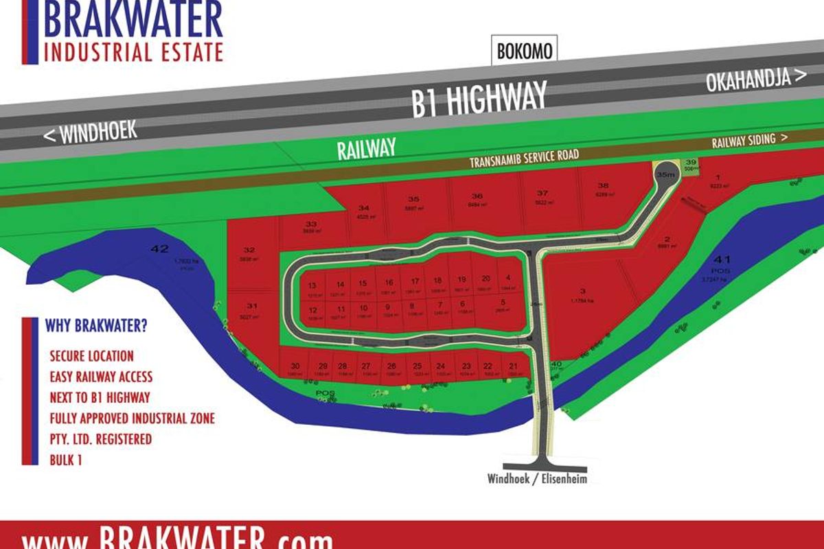 A site layout plan for the Brakwater Industrial Estate, highlighting individual commercial plots, railway access, and proximity to the B1 Highway.