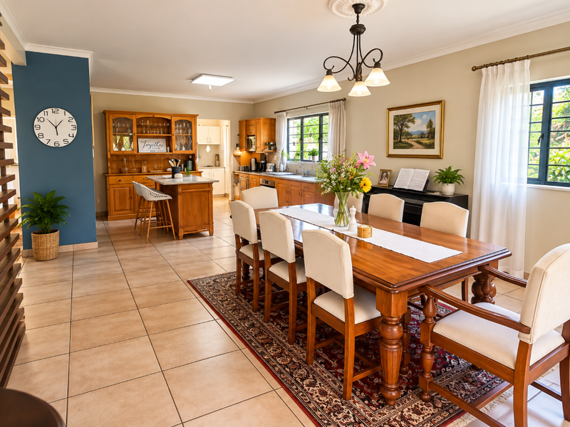 Spacious open-plan dining and kitchen area featuring tiled floors, traditional wooden cabinetry, a central kitchen island, and elegant ceiling lighting.