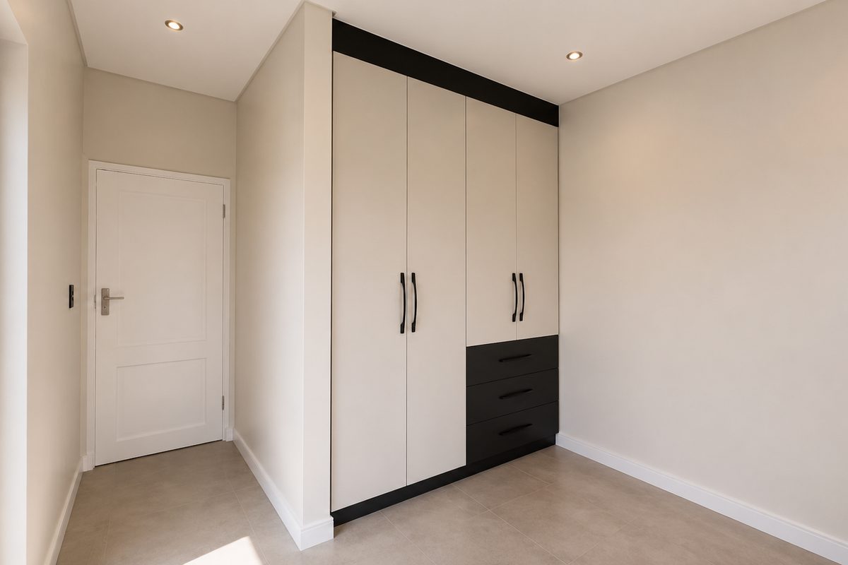 A modern, minimalist bedroom featuring neutral tiled floors, recessed lighting, and sleek built-in cupboards with contrasting black accents.