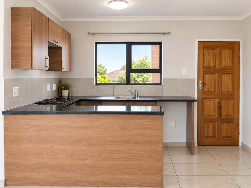 A clean, modern kitchen featuring wood-finish cabinetry, dark granite countertops, a built-in hob, and neutral tiled flooring with a classic timber door.