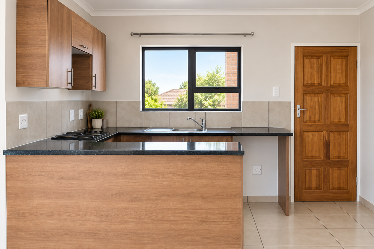 A clean, modern kitchen featuring wood-finish cabinetry, dark granite countertops, a built-in hob, and neutral tiled flooring with a classic timber door.