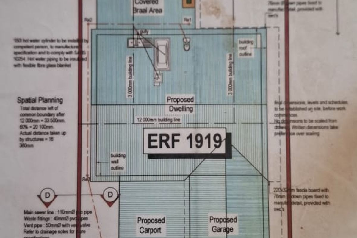 A detailed site plan and boundary wall elevation for Erf 1919, showing the proposed dwelling, carport, garage, and covered braai area layout.