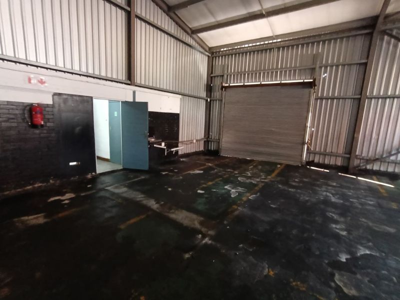 Spacious industrial utility area featuring high ceilings, metal wall cladding, a large roller shutter door, and durable concrete flooring.