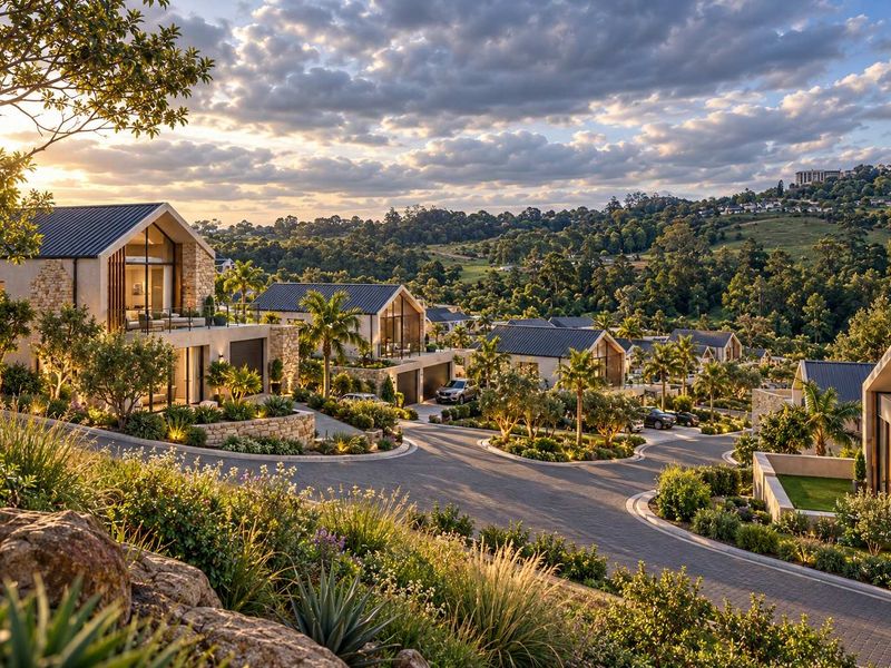 An elevated view of a modern residential estate featuring paved roads, stone retaining walls, and well-maintained landscaping with contemporary architectural homes.