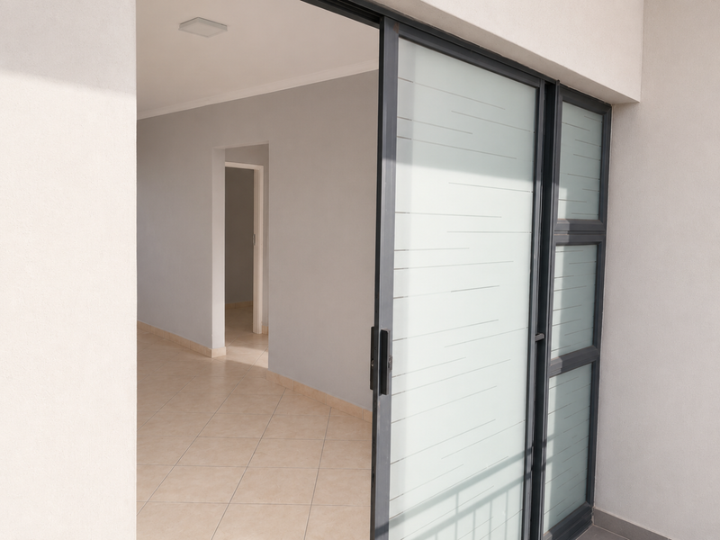 A view from a balcony looking into an empty interior space featuring tiled flooring and a modern sliding glass door with frosted panels.