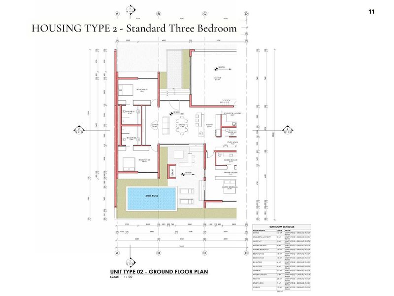 Architectural ground floor plan for a standard three-bedroom townhouse unit, detailing room layouts, dimensions, and integrated features including a pool and garage.