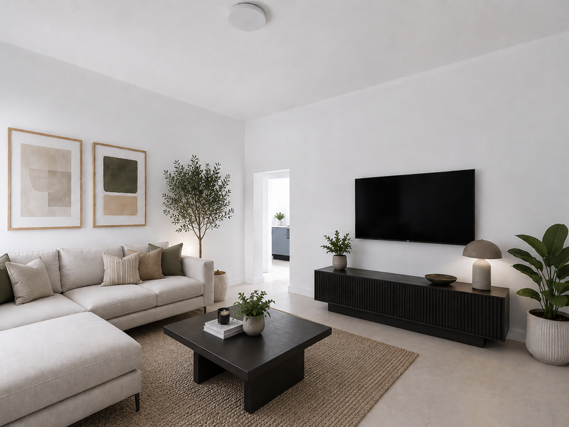 A bright and modern living room featuring neutral tiled flooring and clean white walls, creating a spacious and inviting atmosphere.