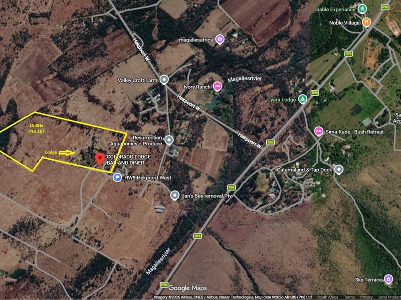 An aerial satellite map view showing the location and boundaries of the lodge property within the surrounding rural landscape.