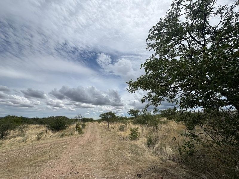 A wide-angle view of the farm landscape featuring a dirt access track, natural vegetation, and open fields under a cloudy sky.