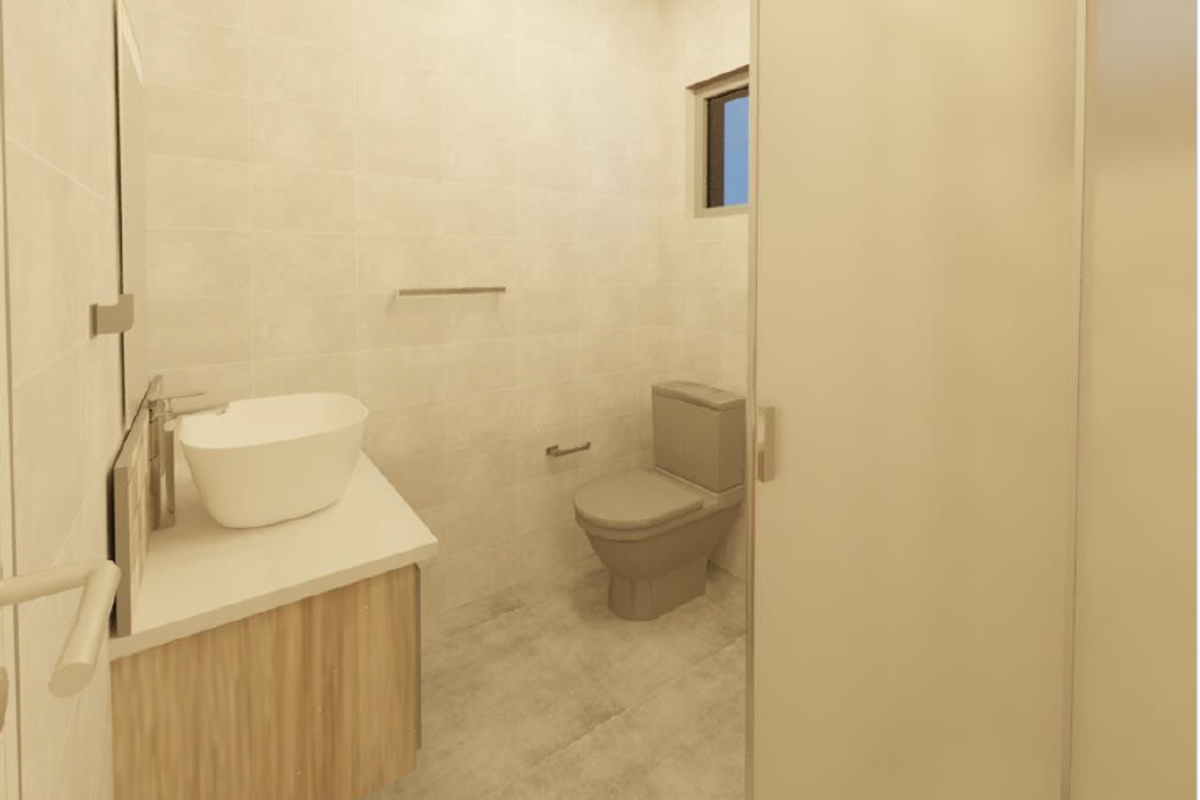 A modern, clean bathroom featuring a vessel sink on a vanity cabinet, a toilet, and a glass-enclosed shower area with neutral wall and floor tiles.