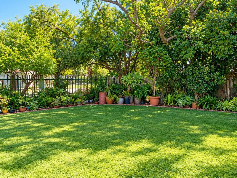 A well-maintained private garden featuring a lush green lawn, mature trees, and secure metal perimeter fencing with neat brick edging.