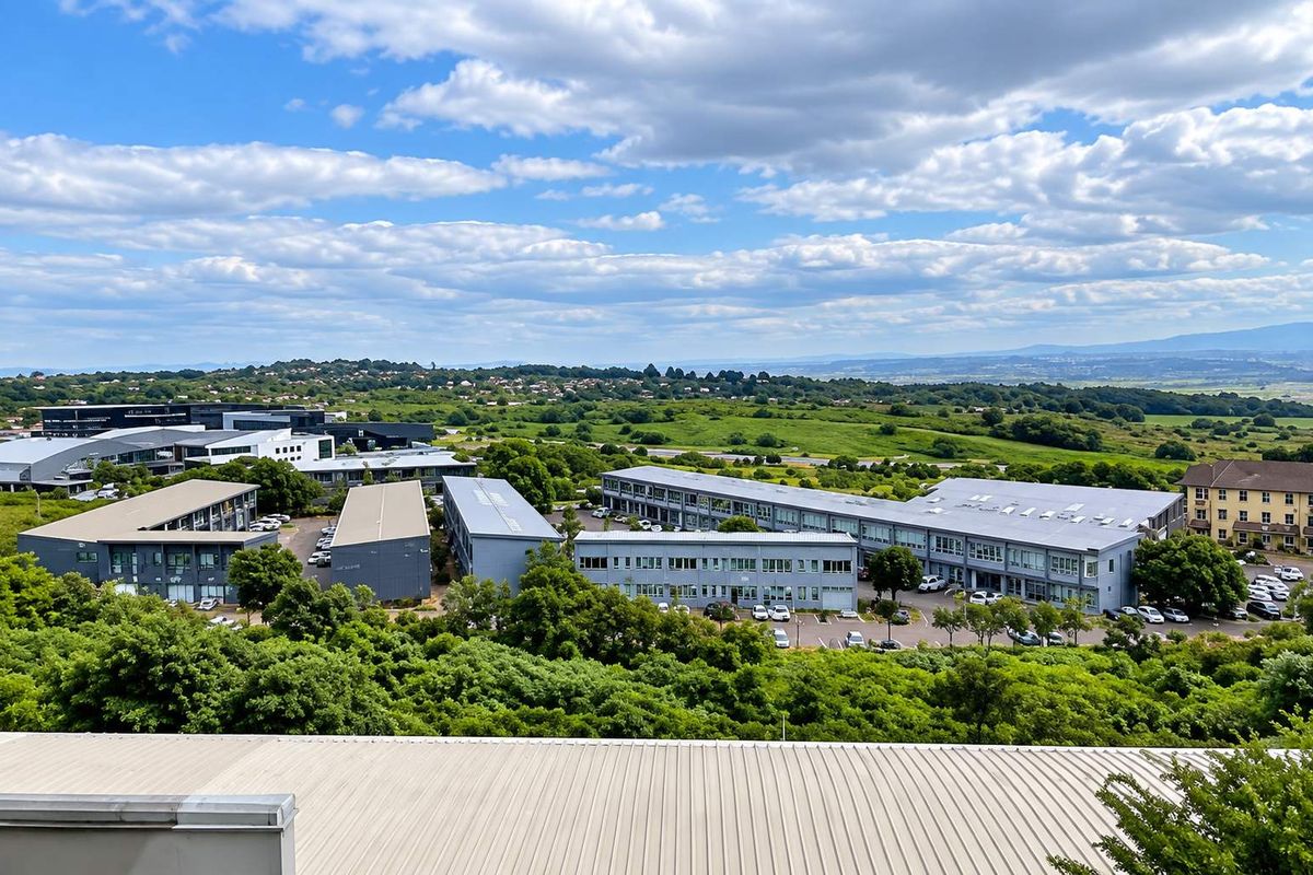 An elevated aerial view of a modern office park complex surrounded by lush greenery and scenic landscape.