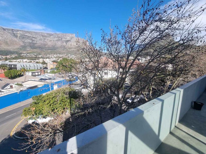 Elevated view from the penthouse balcony overlooking the surrounding neighbourhood with Table Mountain in the background.