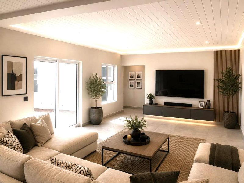 Modern living room featuring a tongue and groove ceiling with recessed lighting, a floating media console, and elegant slatted wood wall paneling.