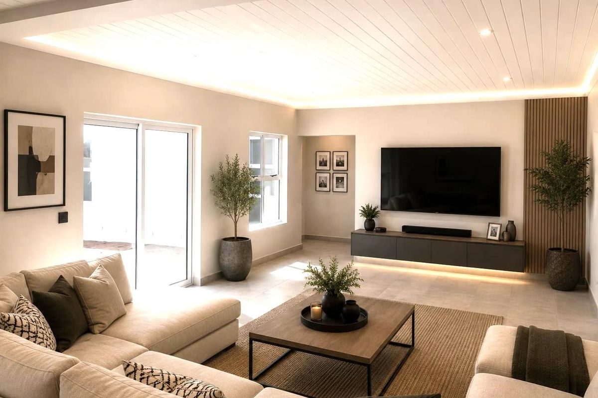 Modern living room featuring a tongue and groove ceiling with recessed lighting, a floating media console, and elegant slatted wood wall paneling.