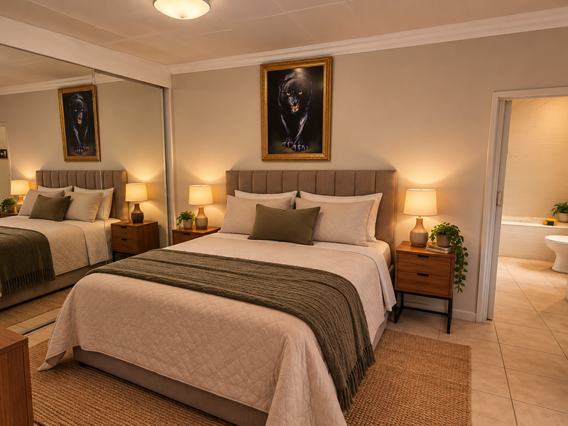 A well-maintained bedroom featuring tiled flooring, mirrored sliding wardrobe doors, and direct access to an en-suite bathroom.