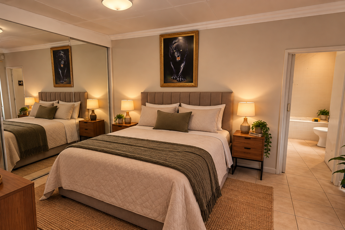 A well-maintained bedroom featuring tiled flooring, mirrored sliding wardrobe doors, and direct access to an en-suite bathroom.