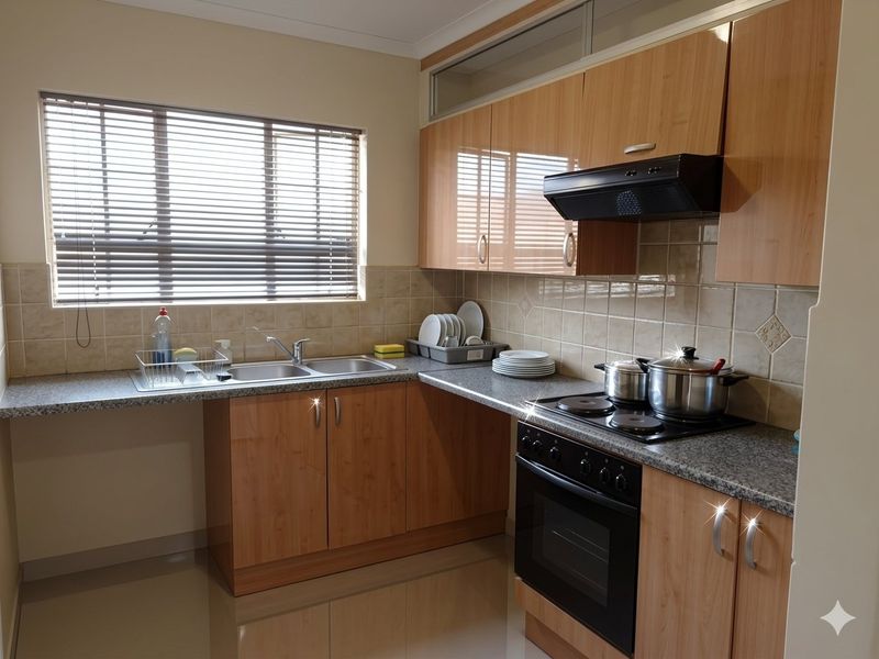 A functional kitchen featuring laminate cabinetry, granite countertops, a built-in oven with electric hob, and a tiled backsplash.