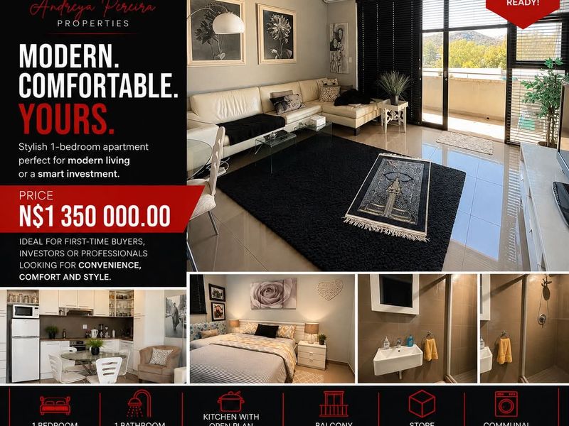 A promotional collage showcasing a modern one-bedroom apartment featuring an open-plan living area, kitchen, bedroom, and bathroom with contemporary finishes.