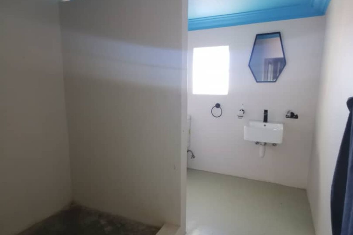 A functional bathroom featuring a walk-in shower area with an unfinished concrete base, wall-mounted basin, and blue painted ceiling.